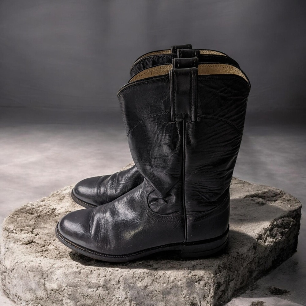 Justin Black Leather Roper Boots‎ Womens 6.5 B Made in USA Western Round Toe
